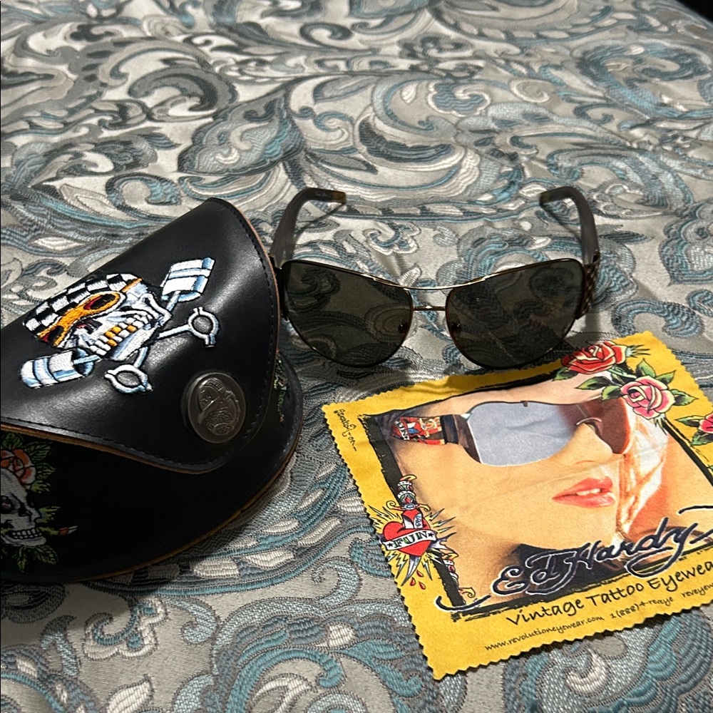 Ed Hardy Black and Gold Sunglasses with Case